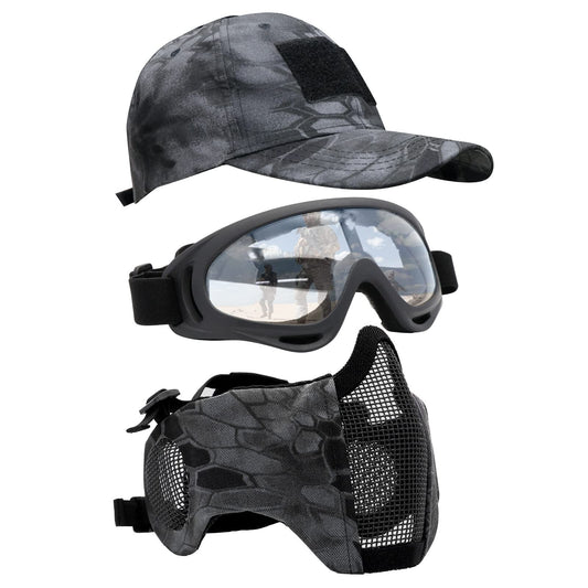 Yzpacc Airsoft Half Face Mask with Goggles Patch Hat Set Tactical Masks Full Face Ear Protective Baseball Cap for CS Halloween and Game