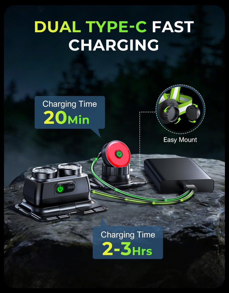 Viccux 800LM Ultra Bright & 7+2 Modes Running Lights for Runners with Rear Light, 45° Beam & 360° Reflective Vest, IPX4 Waterproof Reflective Running Vest for Night Walking/Jogging, 4-25Hrs Runtime