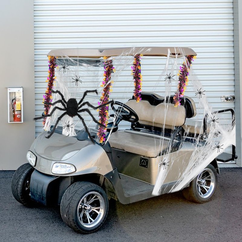 DANHMAO 34 PCS Halloween Golf Cart Decoration Kit Include Vibrant Purple & Yellow Streamers, Stretchy Spider Web, Small & Giant Spider for Halloween Car Parade Decor Indoor Outdoor
