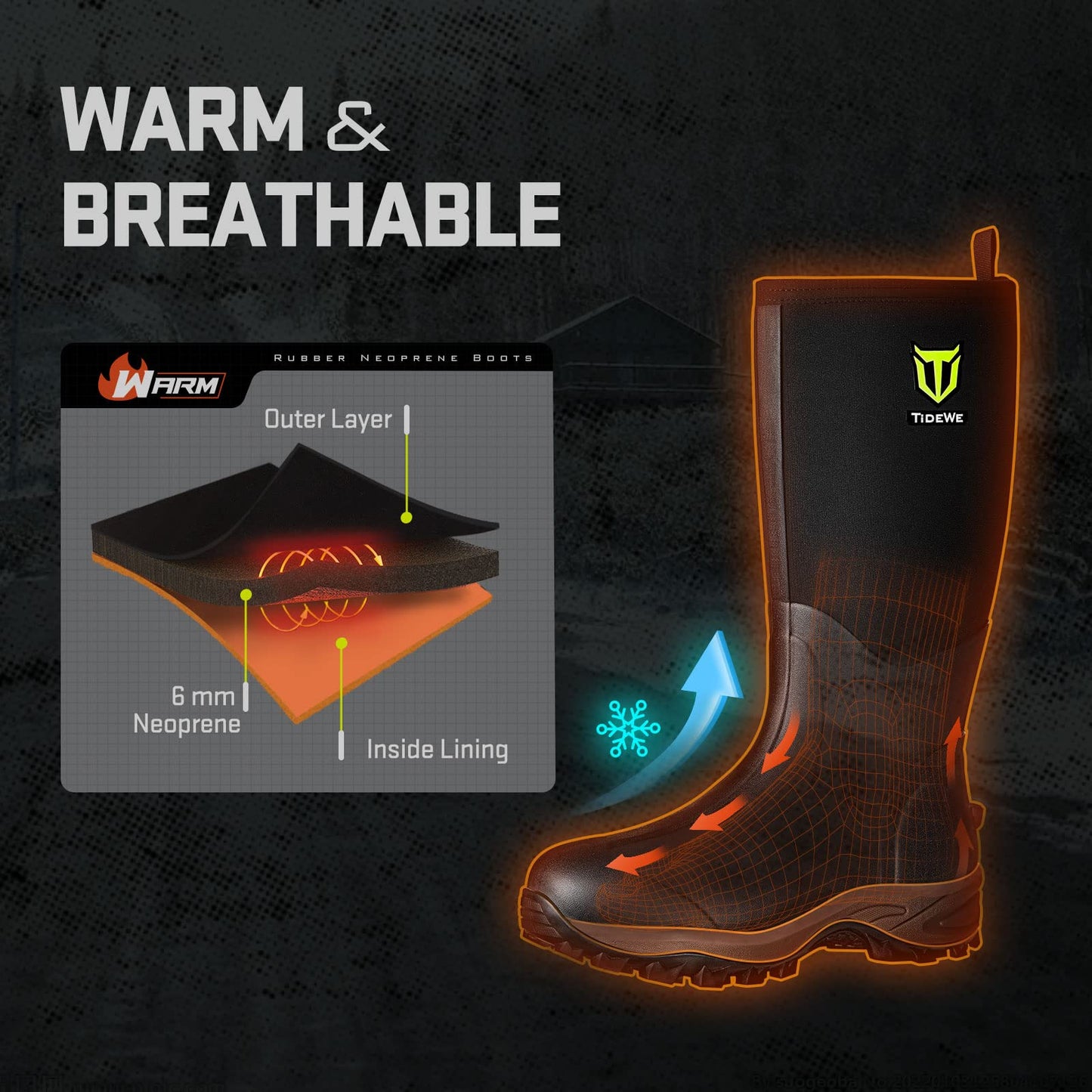 TIDEWE Rubber Neoprene Boots Men And Women, Waterproof Sturdy 6mm Neoprene Boot, Rain Boot Hunting Boot Arctic Outdoor Boot Men Size 6 Black