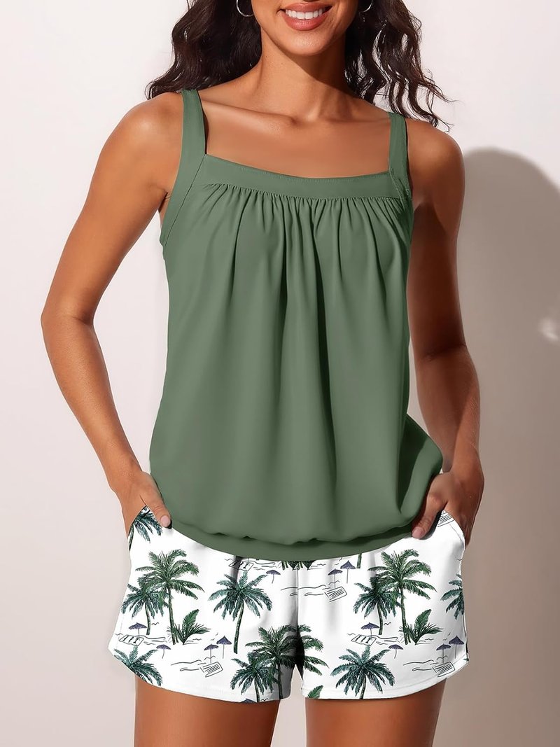 Modest Tummy Control Tankini Swimsuit for Women - Summer Mae Blouson Swim Shorts with Pockets | Perfect for Beach Days