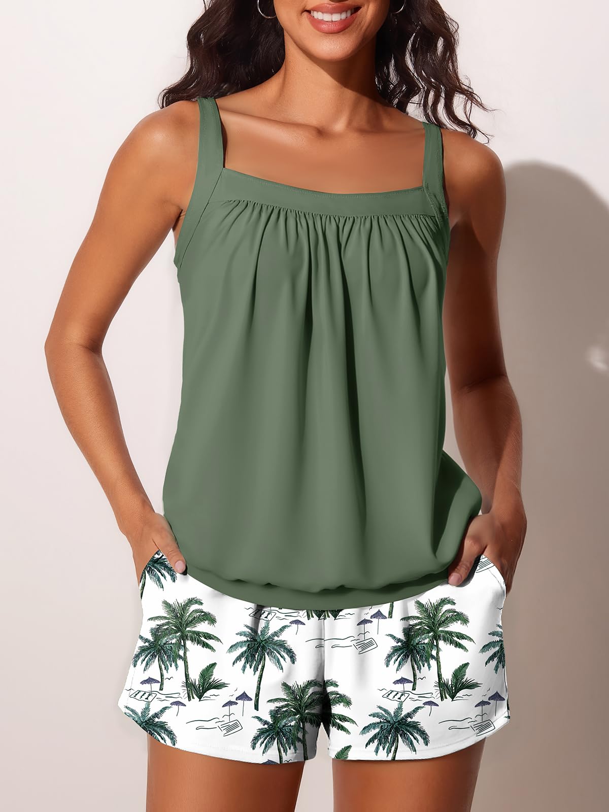 Summer Mae Blouson Womens Tankini Swimsuits 2026 Modest Tummy Control Bathing Suits Swim Shorts with Pockets for Beach Green Shadow Size 10