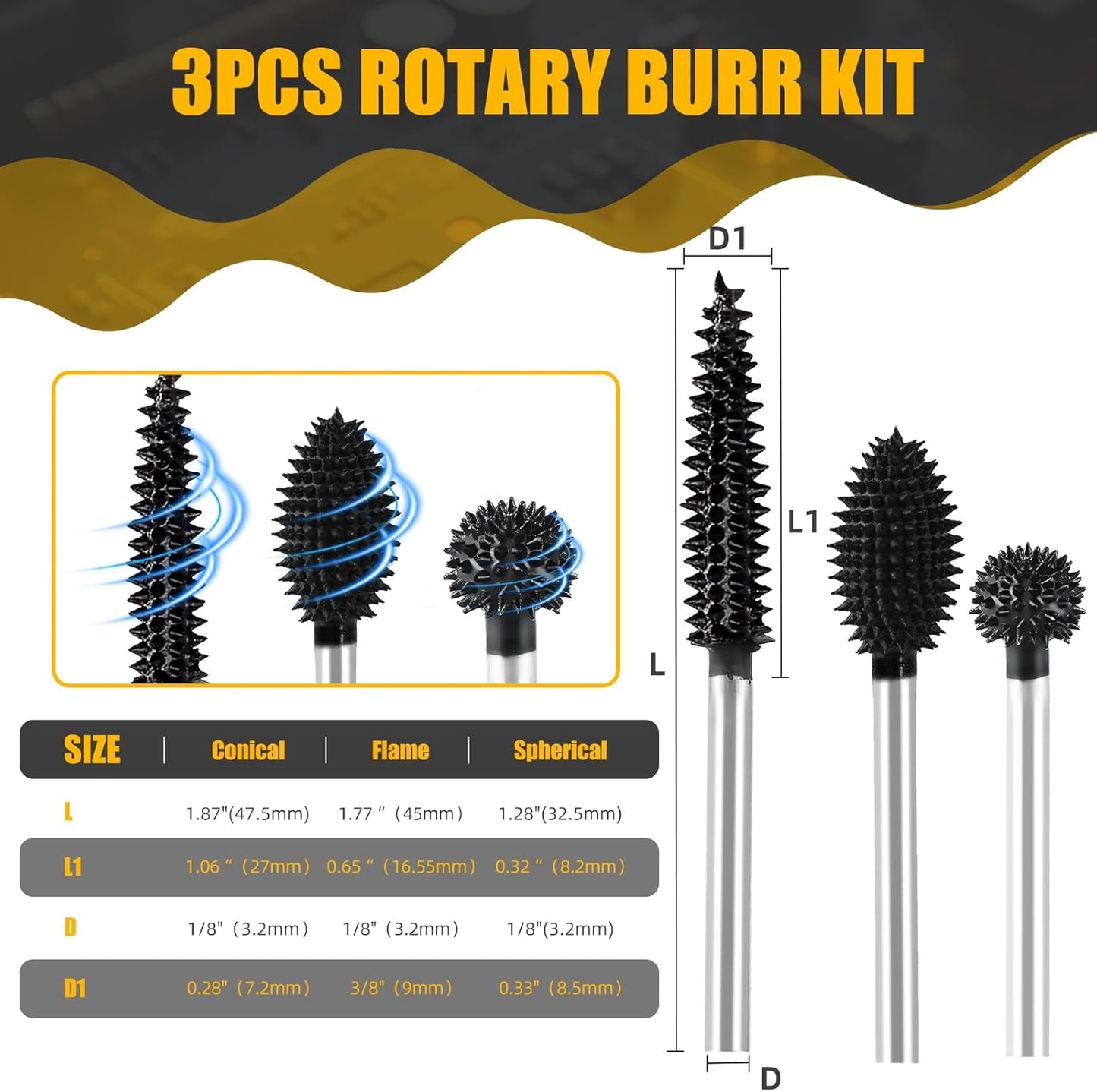 Carbide Rotary Burr Kit - 3-Piece Wood Carving Set | 1/8" Shaft Coarse Bits for Dremel & Rotary Tools