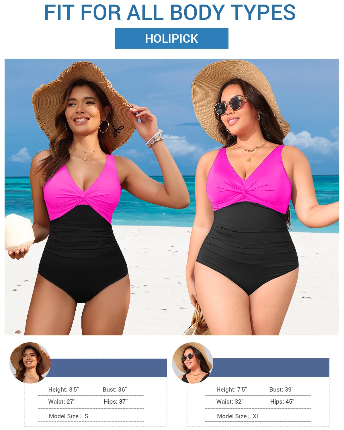Holipick Hot Pink Black Women Tummy Control One Piece Swimsuit - Push Up Bathing Suit Full Coverage Slimming Swimwear XXL