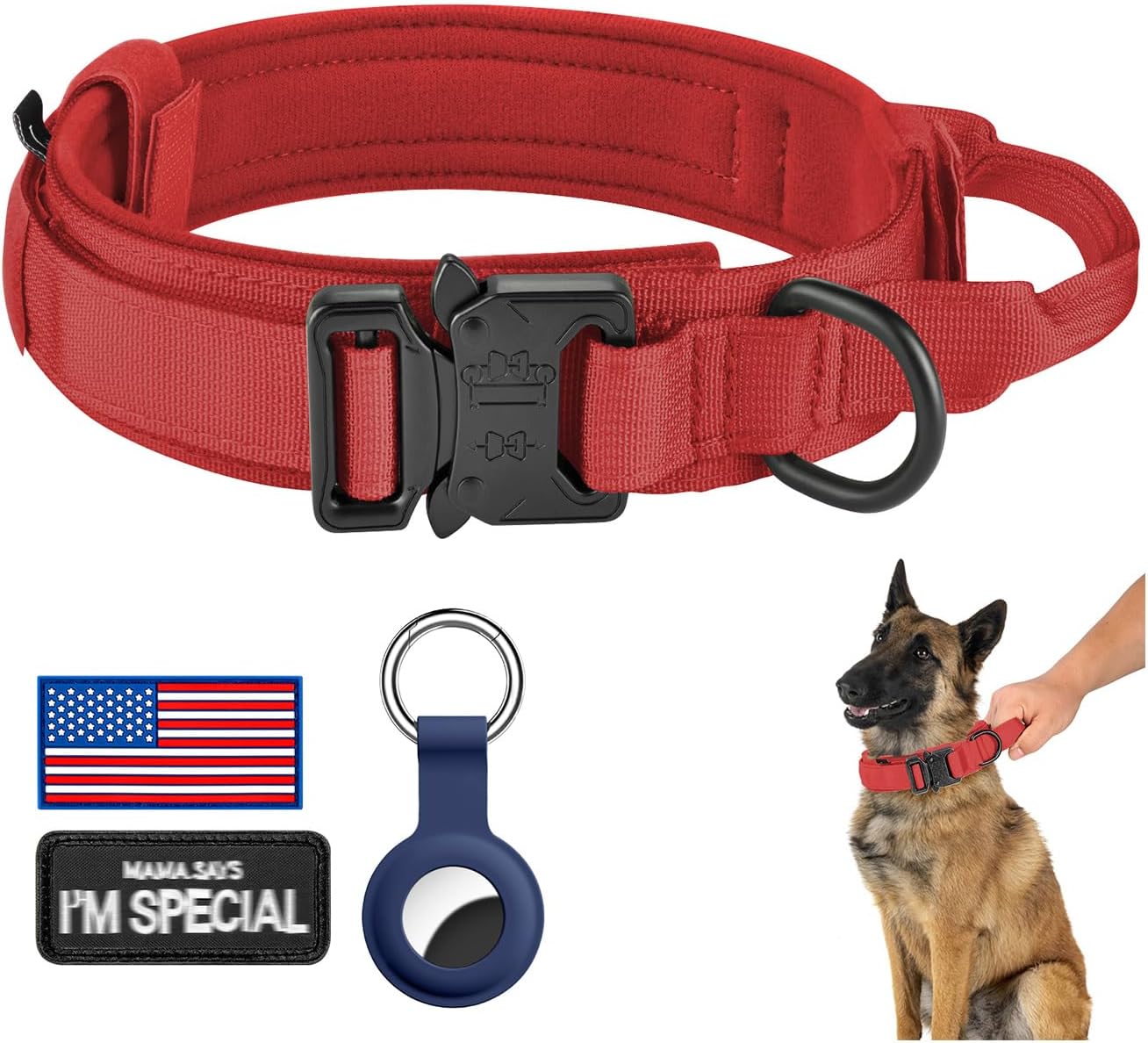 Tactical Dog Collar - Adjustable Military Nylon with Control Handle & Heavy Metal Buckle | Red, XL for Medium & Large Dogs