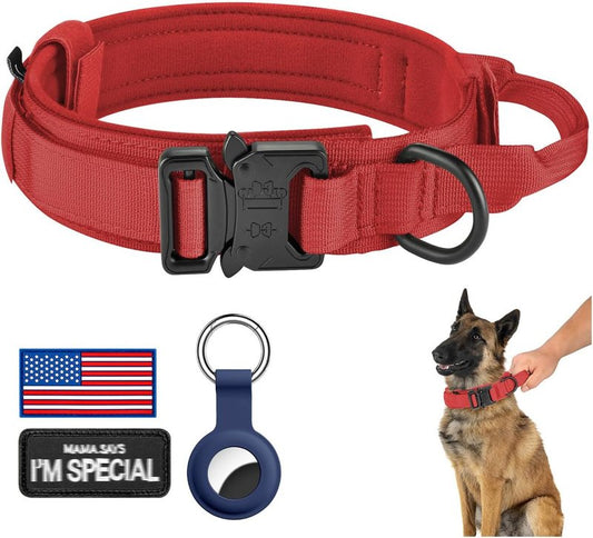 Tactical Dog Collar - Adjustable Military Nylon with Control Handle & Heavy Metal Buckle | Red, XL for Medium & Large Dogs