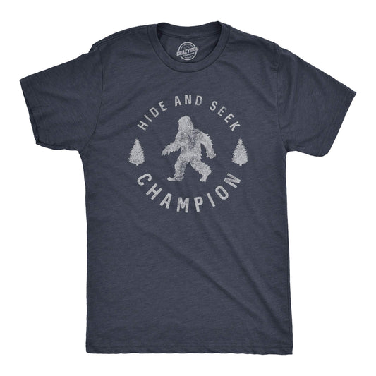 Crazy Dog Men T Shirt Hide and Seek Champion Funny Sasquatch Campfire Story Legend Shirt Bigfoot Tee Humor Witty Graphic Print Heather Navy S