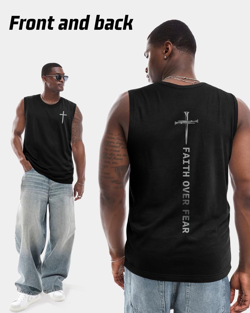 Flafens Tank Tops Men - Sleeveless Shirts for Men Graphic Cotton Mens Tank Tops Summer Tanktop Casual Loose Fit Tanktop Christain Mens Sleeveless Tee Shirts for Workout Running Sports, L, Faith