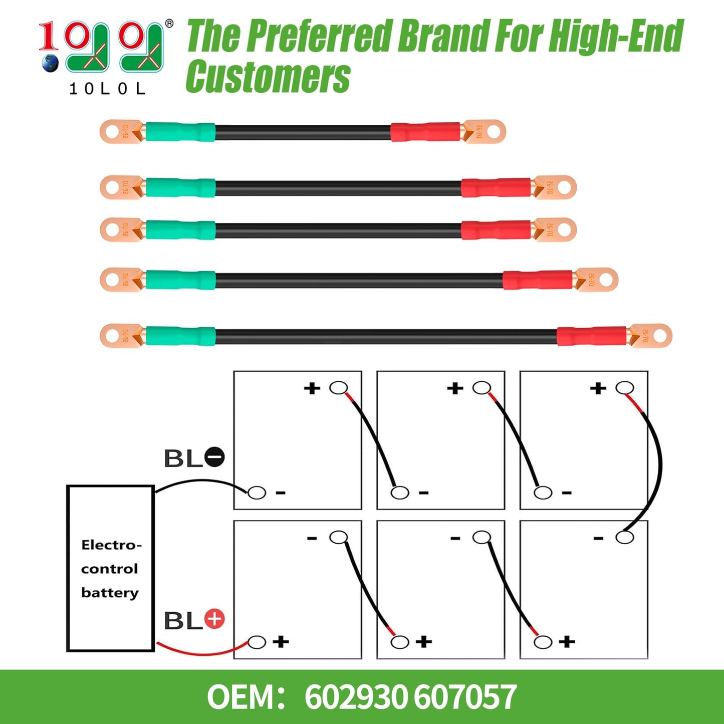 10L0L Golf Cart Battery Cables Wiring Kit for EZGO RXV, 2 Gauge Pure Copper Wires with Main Positive and Negative Cables, OEM 602930, 607057 (5PCS)