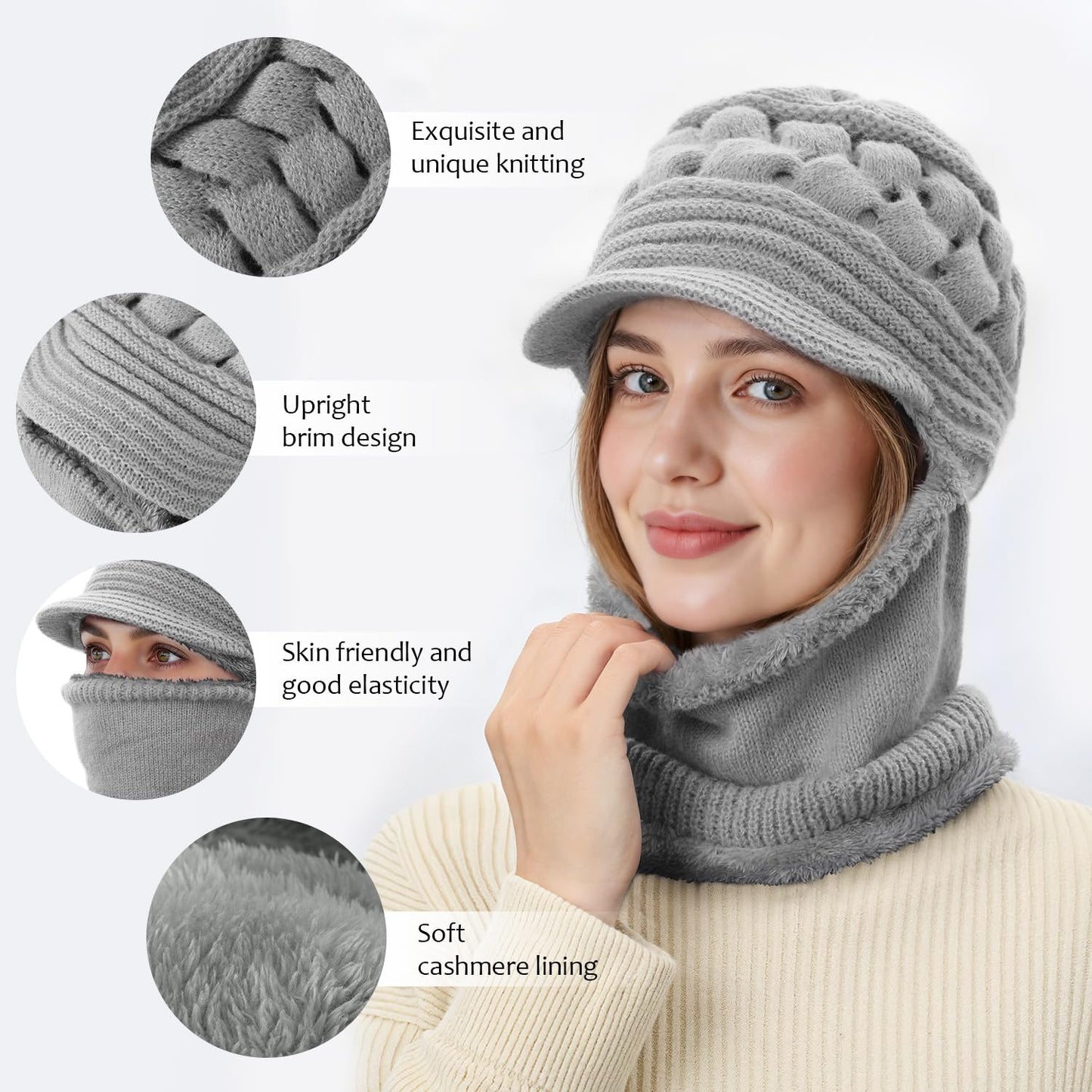 Womens Winter Beanie Hats, Winter Scarf Mask Set for Women One Piece Slouchy Beanie Hats with Visor Brim Fleece Lined, Wine Red 2025