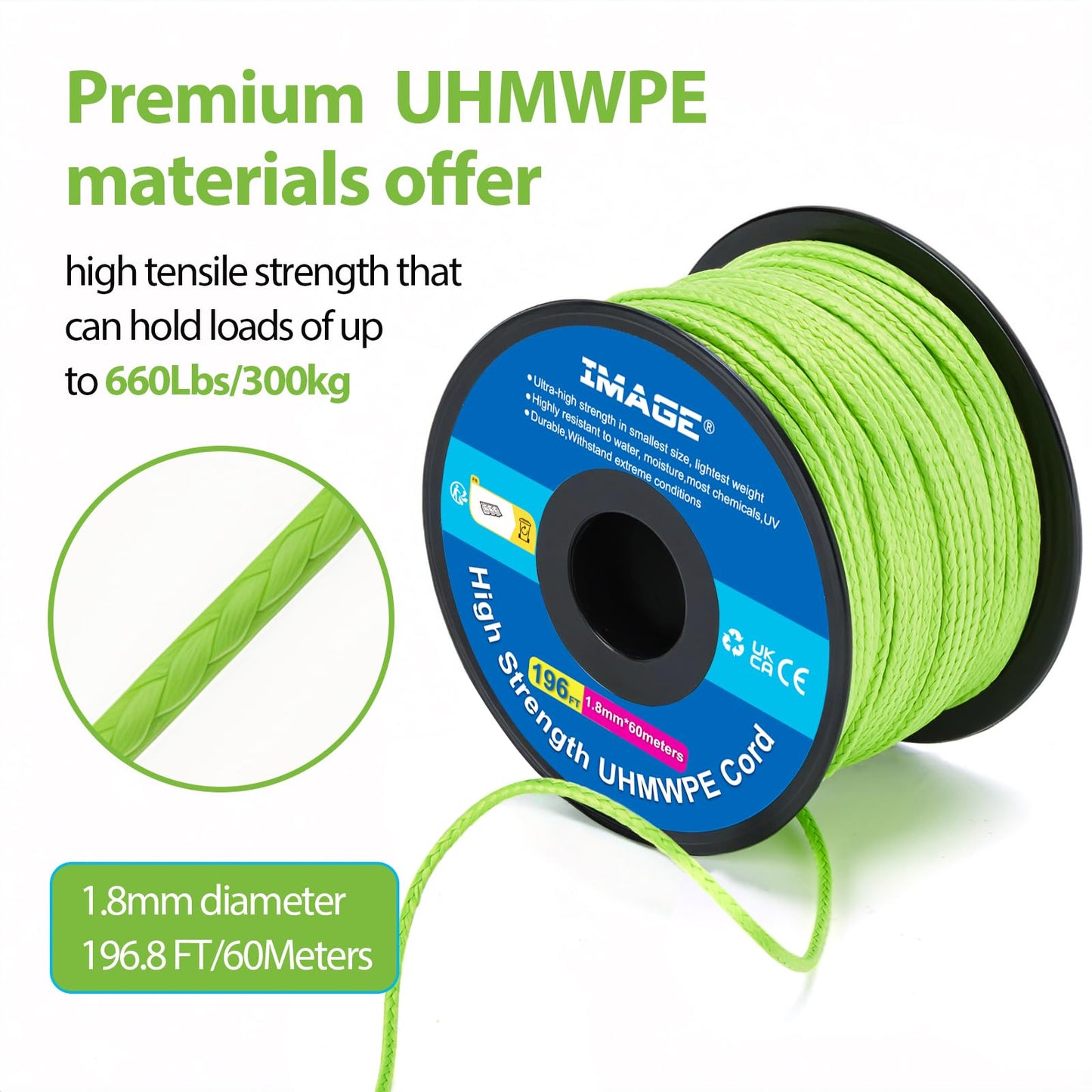 IMAGE Kevlar Cord196ft UHMWPE Braided Throw Line Nylon Cord 1.8mm, 660LB High Strength, Low Stretch, Spliceable Arborist Rope for Tree Work, Hammock, Tarp, Tent, Camping (Green, 196ft)