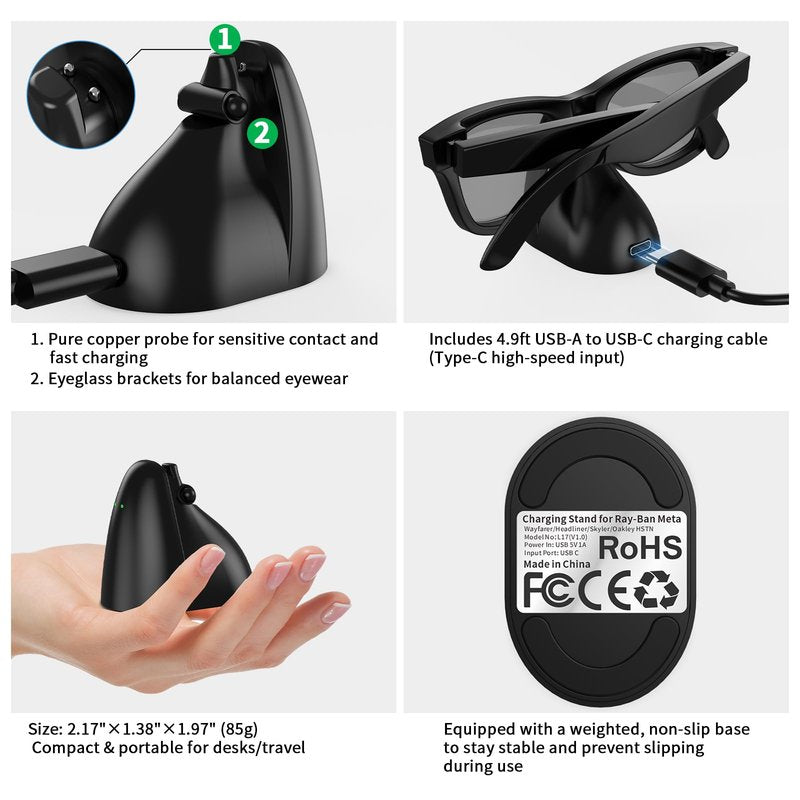 Charger Stand Compatible with RayBan Meta Smart Glasses, Portable Charging Dock for Wayfarer, Headliner & Skyler Gen 1 & 2 with 59" USB-C Cable (Not for Oakley HSTN & Display)