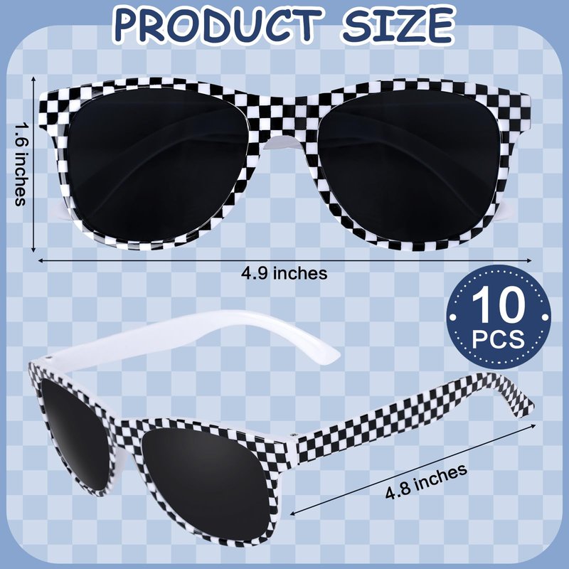 PLUVAVA 10 Pieces Race Car Sunglasses Plastic Black White Checker Sunglasses for Racing Theme Checkered Party Favors Summer Pool Beach (10 PCS)