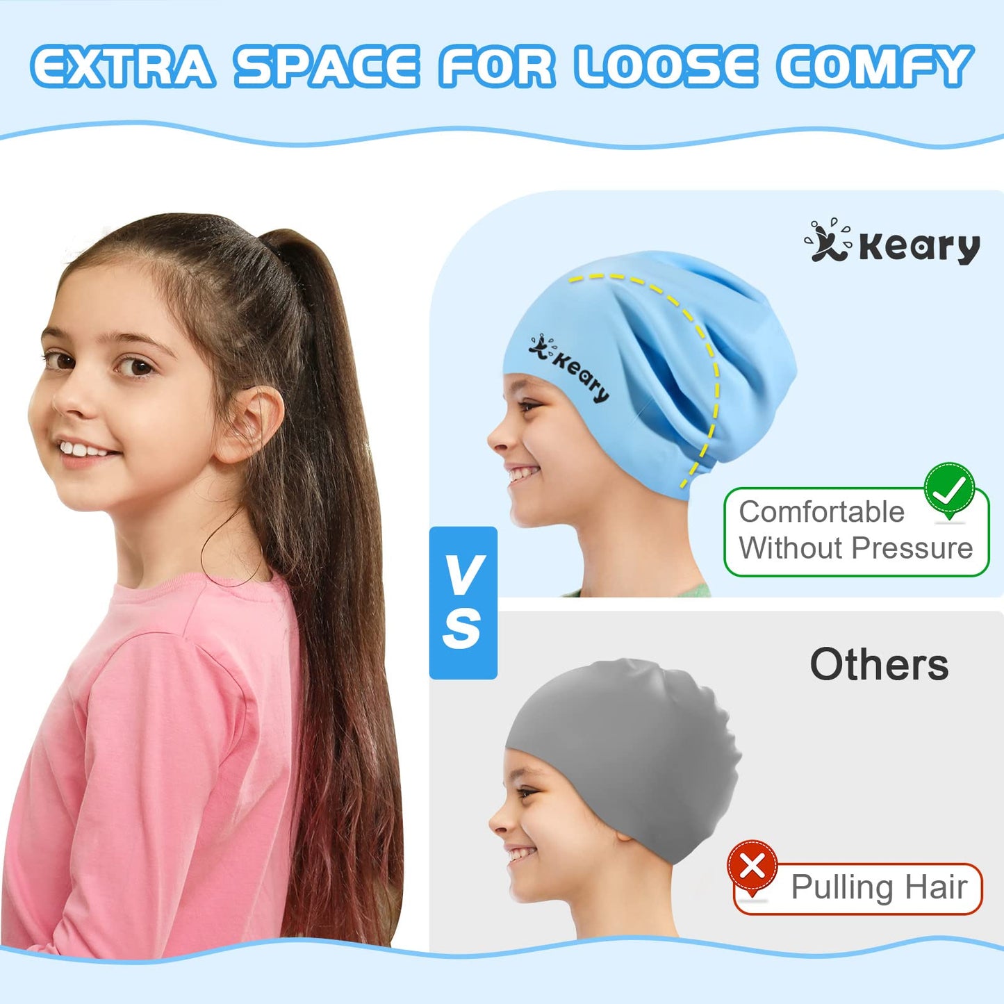 Keary Kids Swim Cap for Girls Boys Youth Junior Teens Kids 6-14 Large Swimming Caps for Long Hair Braids and Dreadlocks Waterproof Silicone Cover Ear Bathing Pool Shower Swimming Cap to Keep Hair Dry