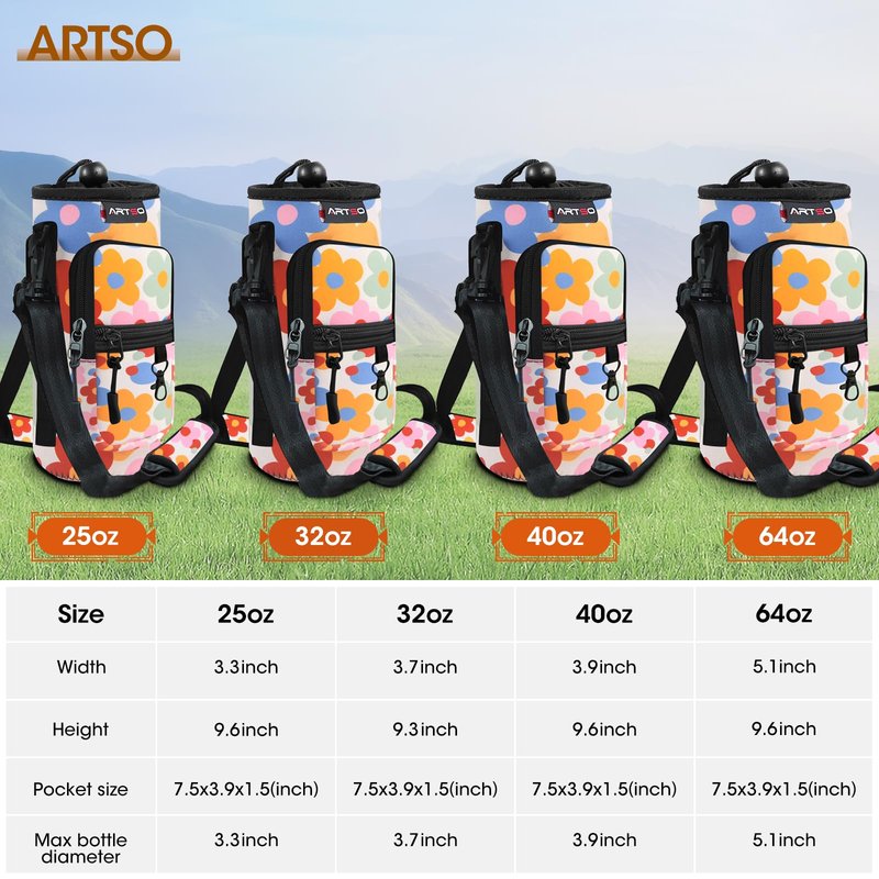 ARTSO Water Bottle Carrier Bag with Phone Pocket, Neoprene Sleeve Water Bottle Holder Sling Bag Pouch with Adjustable Strap 25/32/40/64 oz for Walking Hiking Camping Gym(32oz, Colorful Flowers)