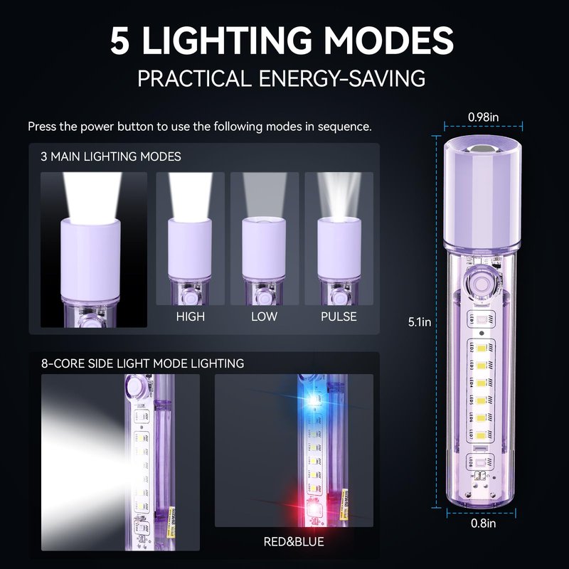 VAVOFO Purple LED EDC Flashlight - USB-C Rechargeable, Waterproof, Zoom Focus, 3 Modes, Red & Blue Emergency Strobe - Best for Outdoor, Tactical, and Survival Use