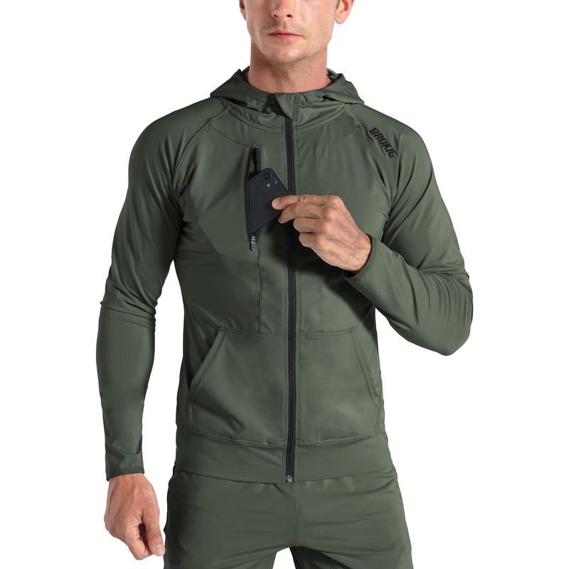 BROKIG Mens WindBreak Lightweight Running Jackets with Zip Pocket, Workout Track Hoodie Athletic Gym Sweatshirts Men(Army Green, Large)
