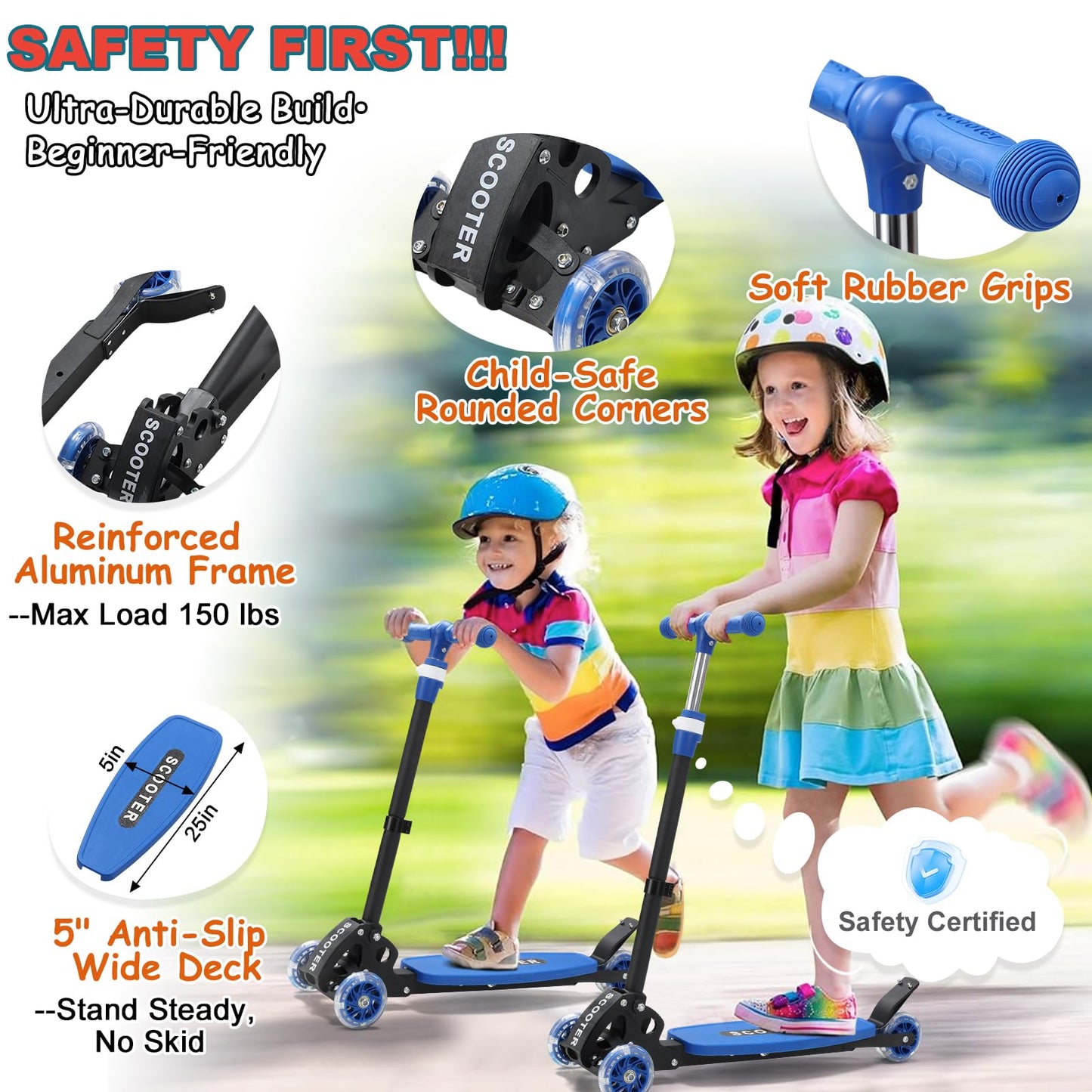 Kids Scooter for Ages 3-7, Foldable 3 Wheel Kick Scooter with Light Up Wheels, Easy Lean-to-Steer, Adjustable Handlebar, Stable Dual Rear Wheels, Wide Non-Slip Deck &Rear Brake for Boys Girls