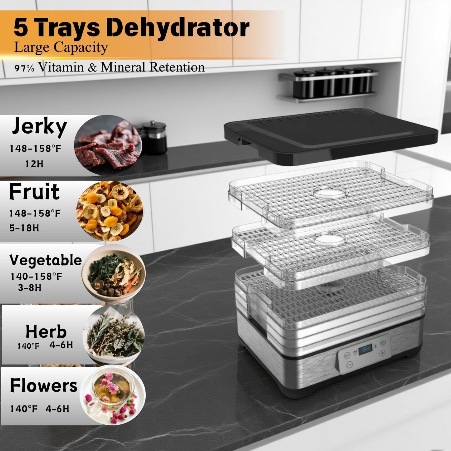 Food Dehydrator, Dehydrators for Jerky Beef Fruit, 300W 158 ℉ Temperature Control & 24H Timer Food Dryer with 5 BPA-Free Trays Fruit Dryer for Herb, Fruit, Dog Treats (Black)