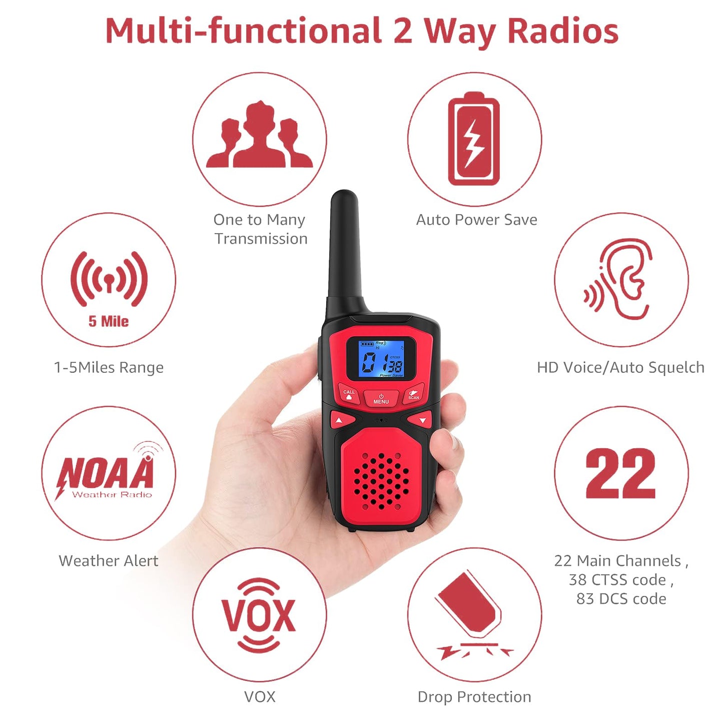 WokTok Adult Walkie Talkies Long Range Rechargeable Portable Two-Way Walkie Talkie, Camping Gear, SOS Sirens, NOAA Weather Alarms, Kid's Toys, Easy-to-Use Walkie Talkies,2 Packs(No Batteries)