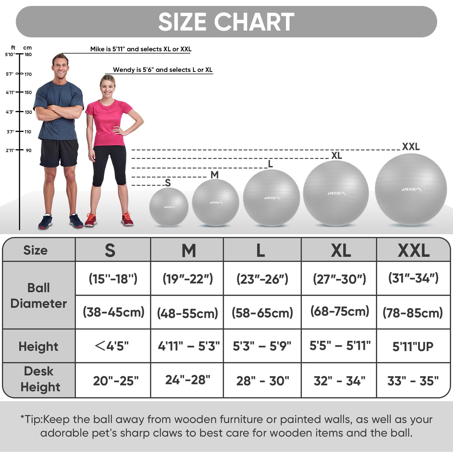 APEXUP Yoga Ball, 660 lbs Anti-Burst Exercise Ball with Pump, 5 Sizes (M (19"~22) 55cm, Silver)