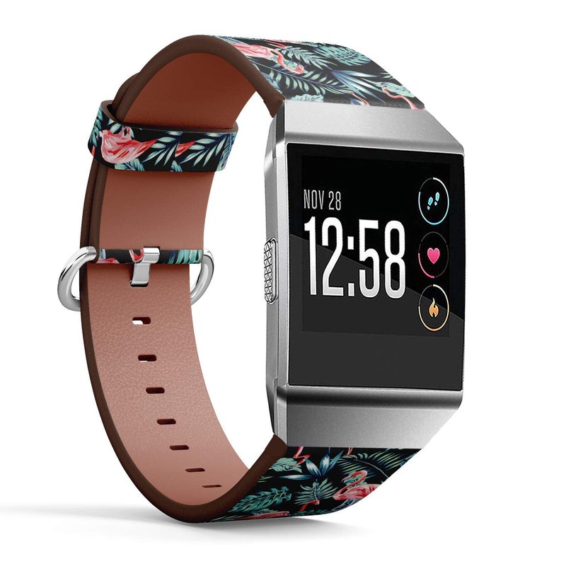 Compatible with FITBIT IONIC Leather Watch Wrist Band Strap Bracelet with Stainless Steel Clasp and Adapters (Exotic Bird Pink Flamingo)