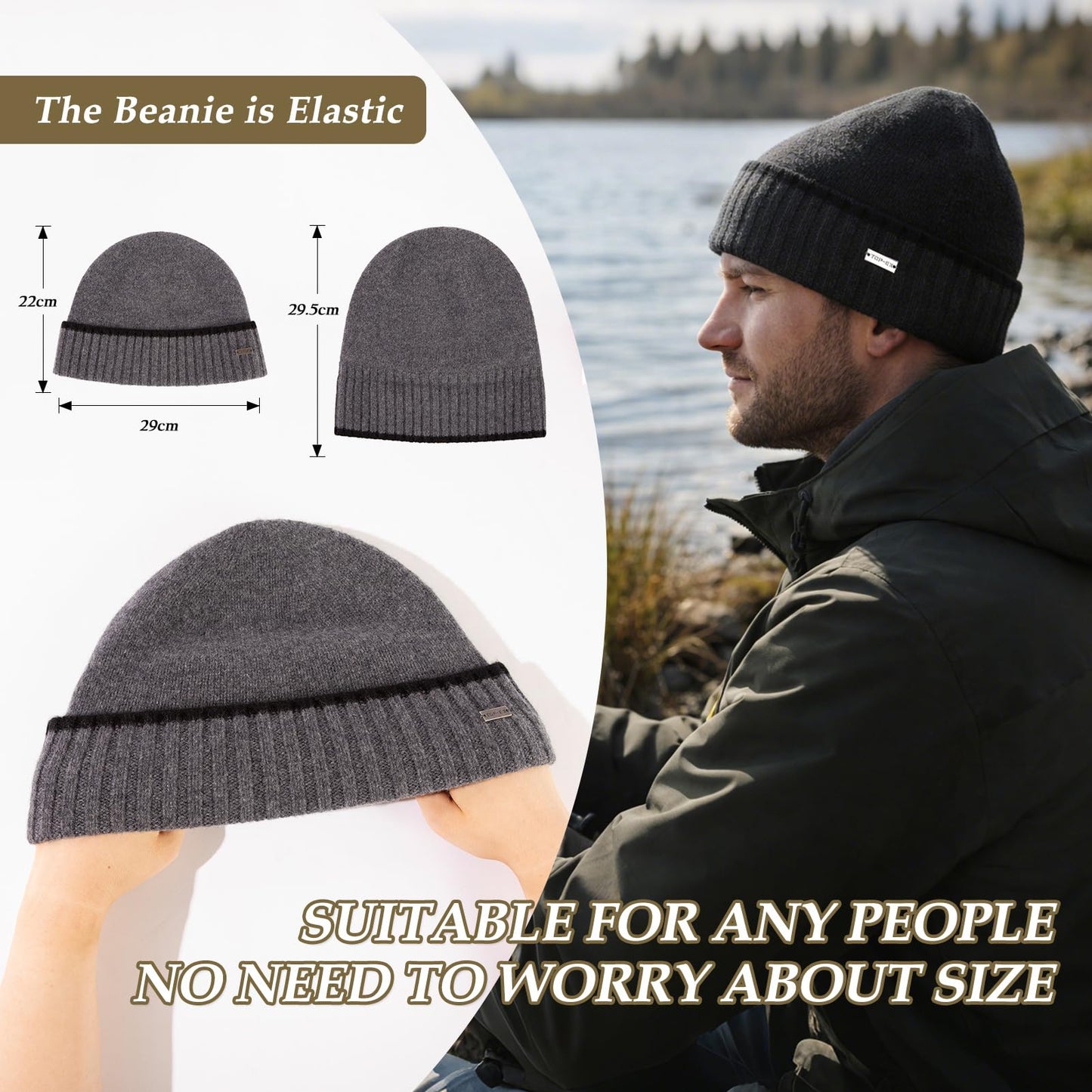TOP-EX XL/XXL Men's Merino Wool Winter Beanie Cold Weather Knit Hat with Fleece Lining for Men Skull Cap Big Head Oversize Black