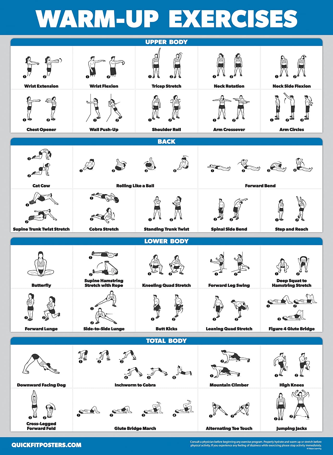 Palace Learning 4 Pack - Cable Machine Workout Posters Volume 1 & 2 + Stretching Exercises + Warm Up Exercises (LAMINATED, 18" x 24")