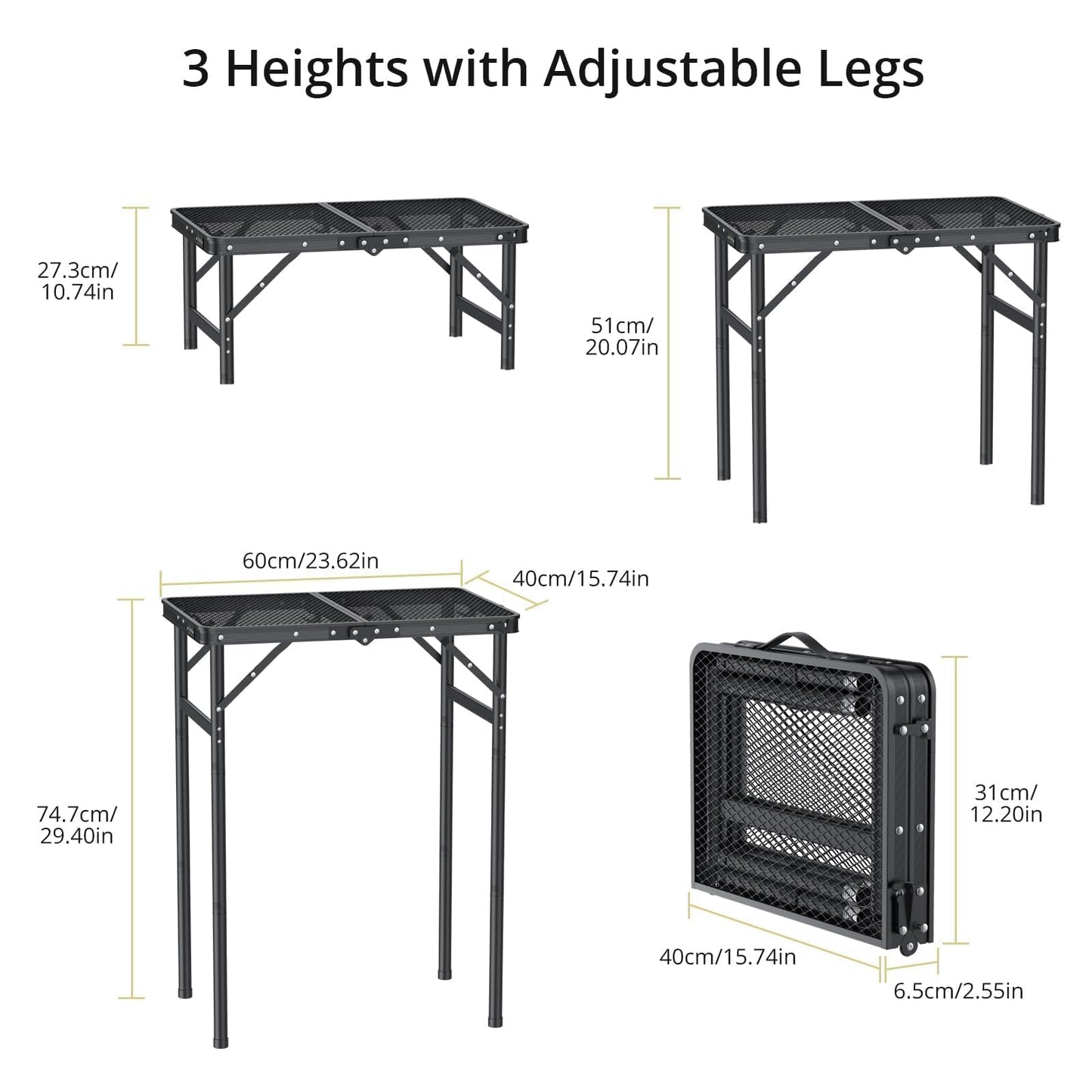 Anbte 2ft Folding Grill Table Max 29.5", 3 Adjustable Height Lightweight Camping Table with Heat-Resistant Mesh Tabletop Portable Handle, Waterproof, for Cooking BBQ Outdoor, 22.8" X 16", Black