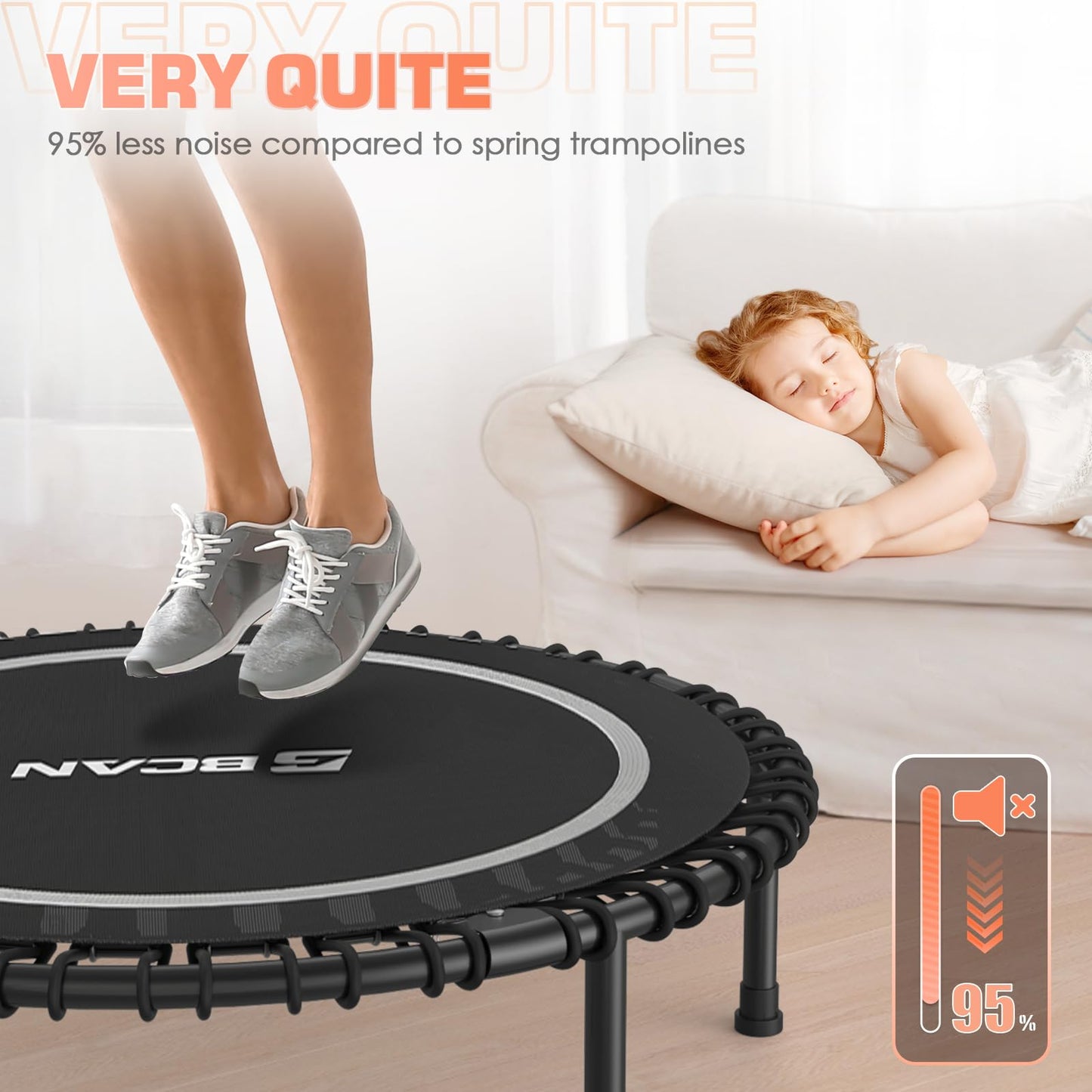 BCAN 550 LBS Foldable Mini Trampoline, 48" Fitness Trampoline with Adjustable Handle Bar, Bungees, Stable & Quiet Exercise Rebounder for Kids Adults Indoor/Garden Workout-Silver