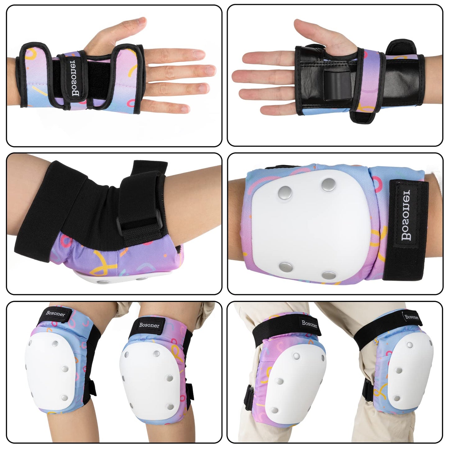 BOSONER Adult/Women/Kid Knee Pads Elbow Pads Wrist Guard 6 in 1 Protective Gear Set for Skating Skate Skateboarding BMX Bicycle Inline Roller for Men Women Child Kids