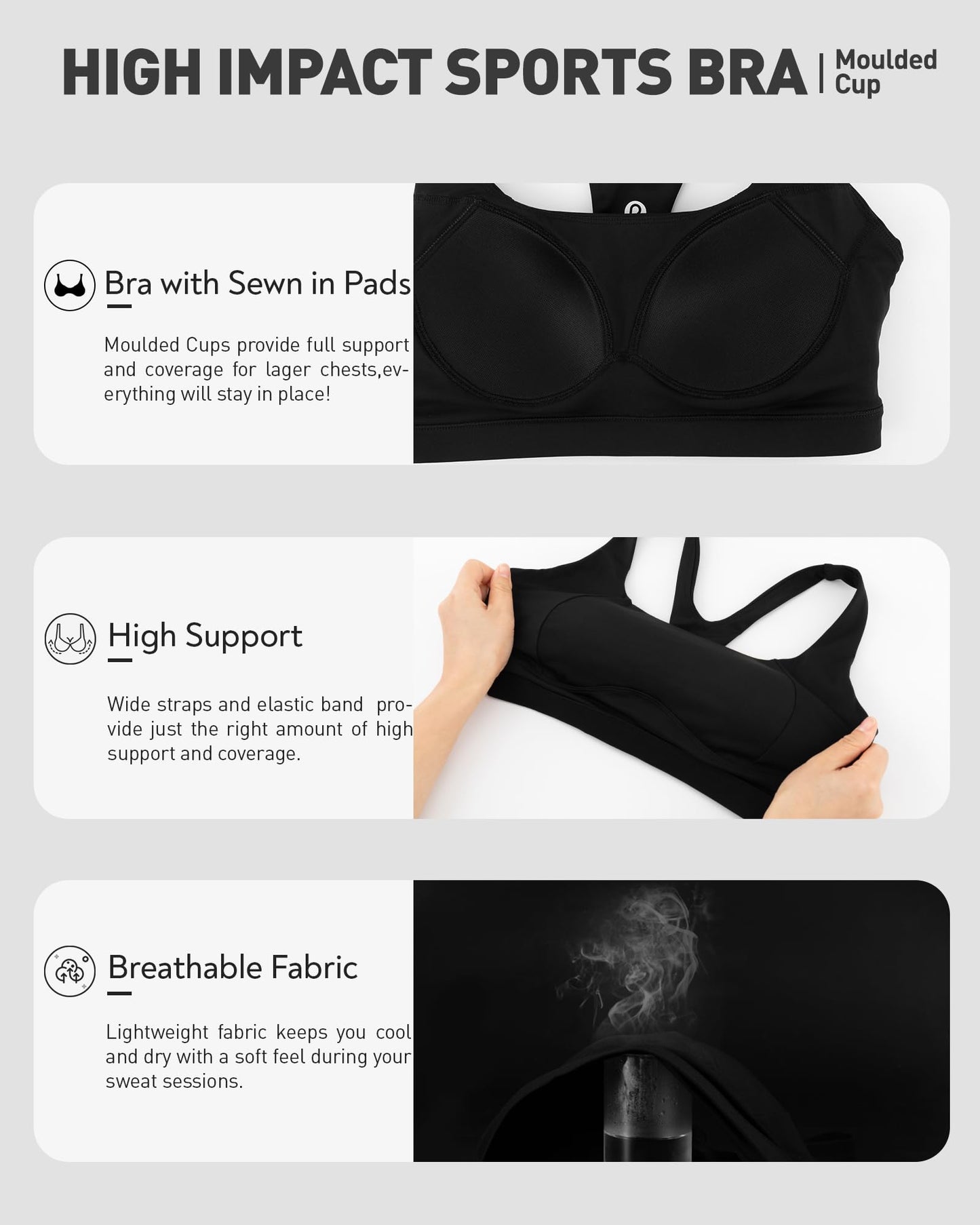 RUNNING GIRL Sports Bras for Women High Support,Racerback High Impact Black Sports Bra Moulded Cup Workout Bra Push up(WX3047 Black XL)