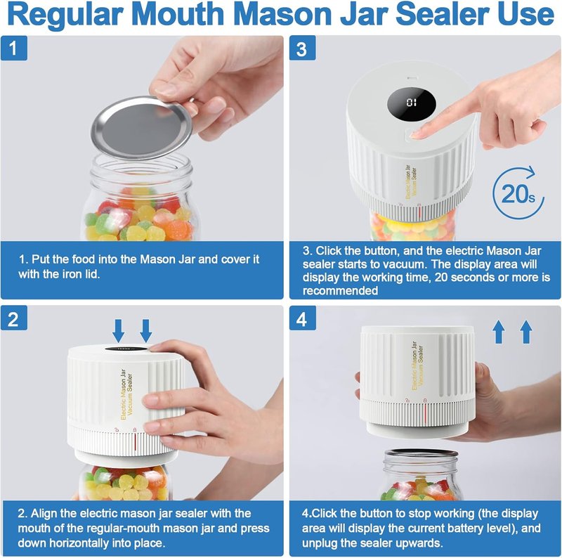 Electric Mason Jar Vacuum Sealer Kit - Fits Wide & Regular Mouth Jars | White