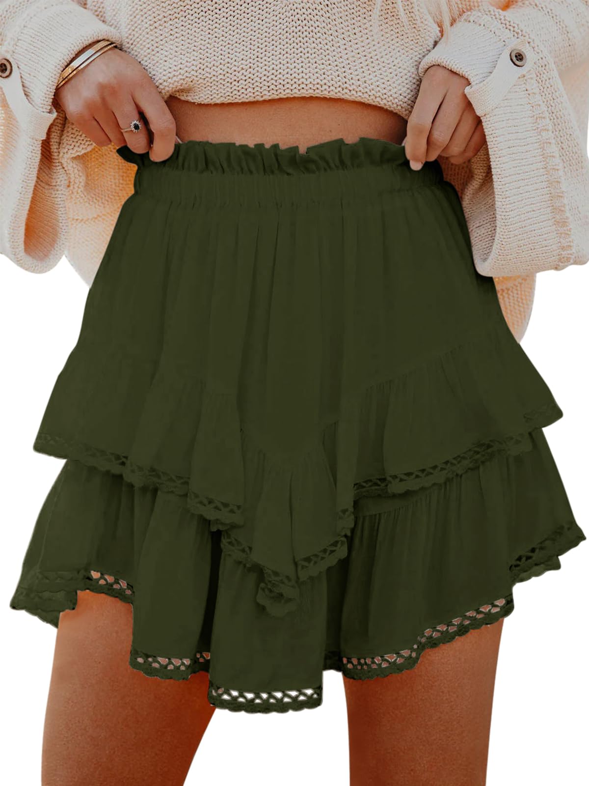 Aoudery Flowy Shorts for Women Casual Boho Ruffle Tiered Skorts High Waist Mini Skirts Golf Tennis Butterfly Crochet Shorts - Oliver Green XS