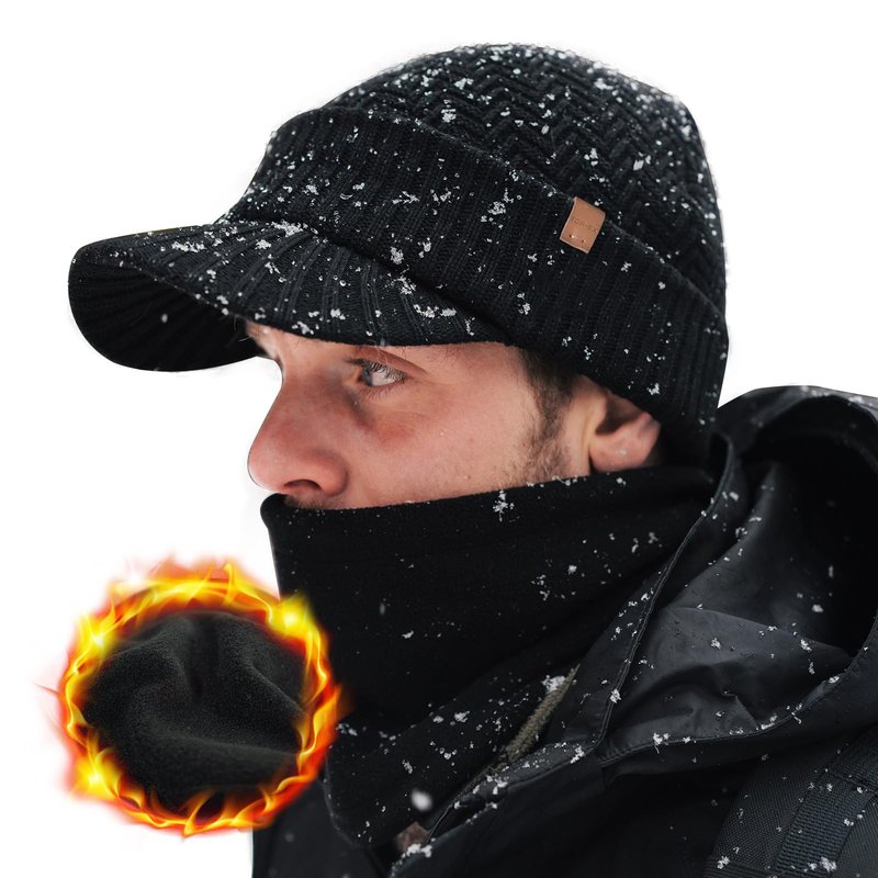 TOP-EX DryKnit™ Waterproof Merino Wool Visor Beanie with Brim & Fleece Neck Warmer Set – Warm Winter Knit Hat for Men & Women Cold Weather Ski Hiking Golf Black M/L