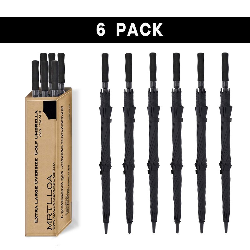 MRTLLOA 6 Pack 62/68 Inch Automatic Open Golf Umbrella, Extra Large Oversize Double Canopy Vented Windproof Waterproof Stick Umbrellas for Rain(62 Inch, Black)