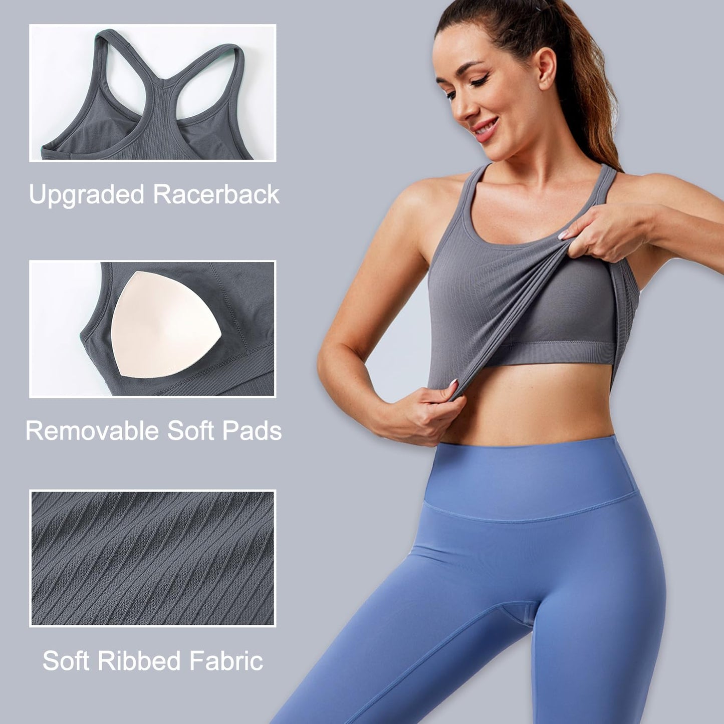 Evercute Women's 1/2/3 Pack Ribbed Workout Tank Tops with Built in Bra Racerback Seamless Crop Tank Tops Camisole Sport Tanks