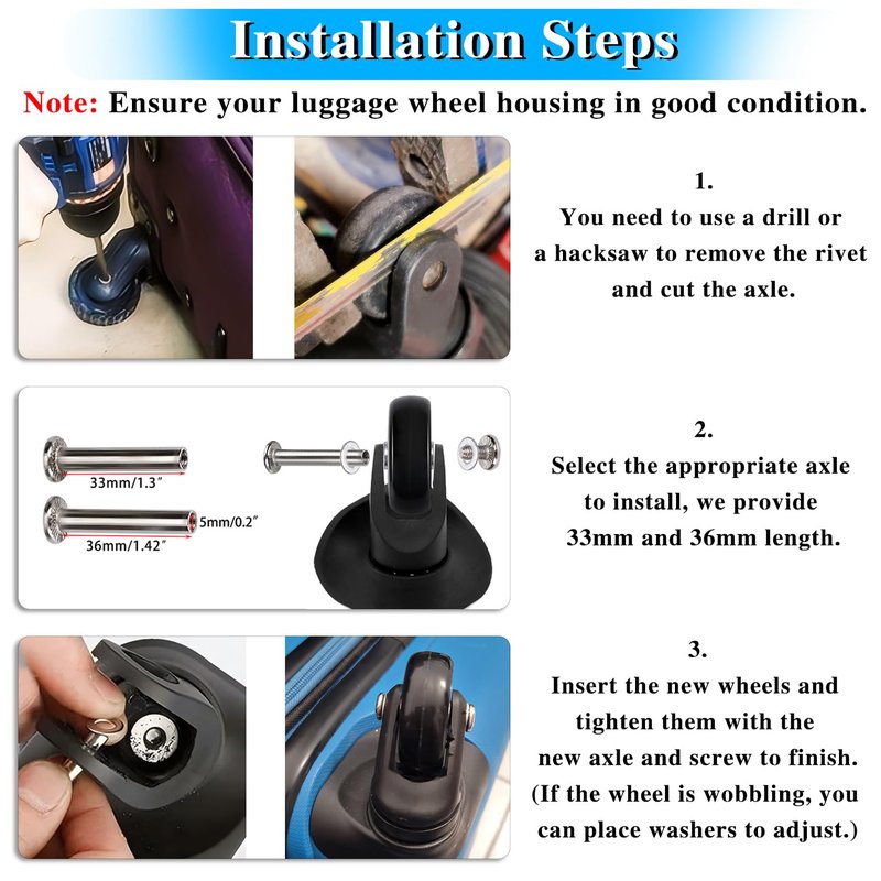 OwnMy 50mm x 18mm Set of 4 Luggage Suitcase Replacement Wheels with Bearings, Black Rubber Swivel Caster Wheels Bearings Repair Kits with 33MM / 36MM Axles