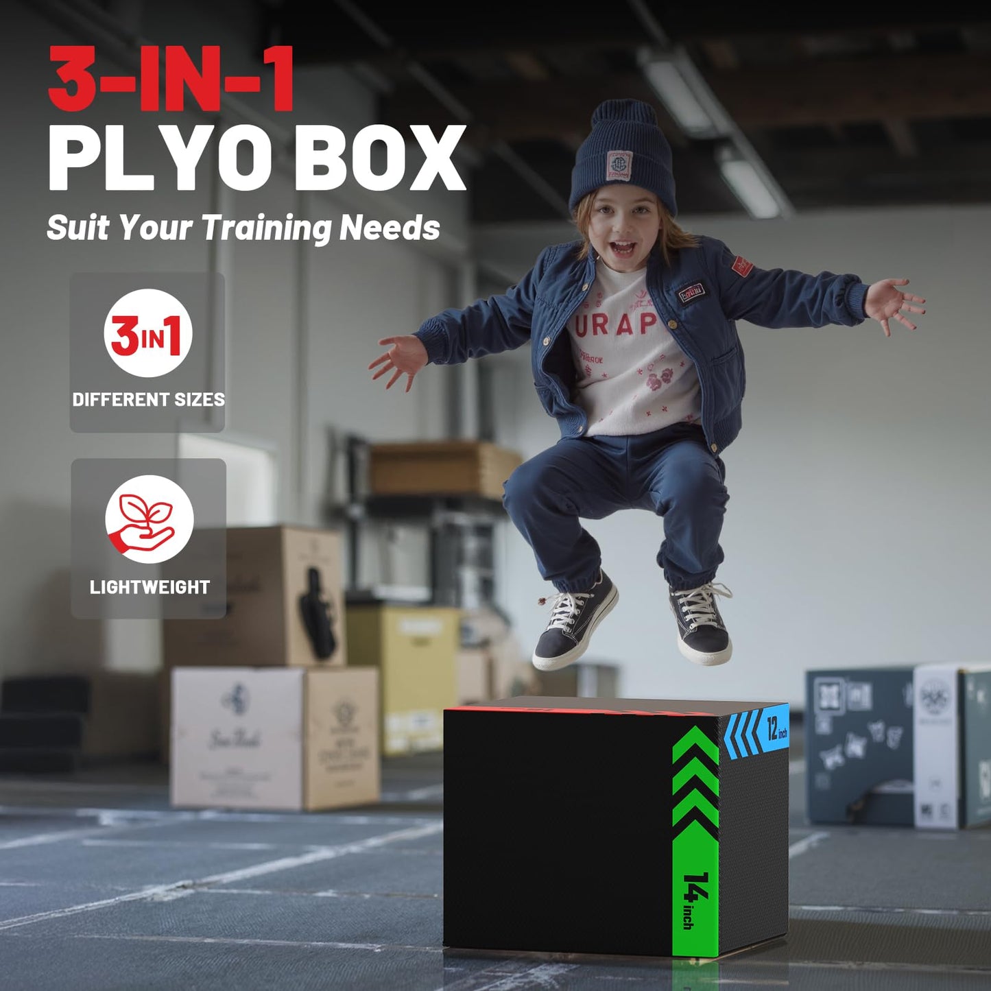3-in-1 Plyometric Jump Box, Anti-Slip, High-Density Foam 12x14x16