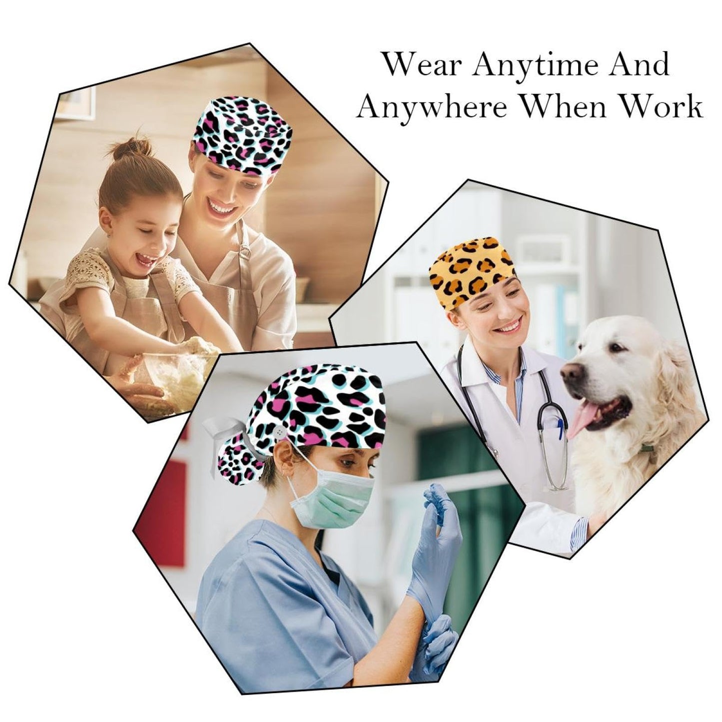 Generic 2 Pcs Leopard Unisex Bouffant Scrub Hats Women with Buttons Adjustable Nurse Caps for Women