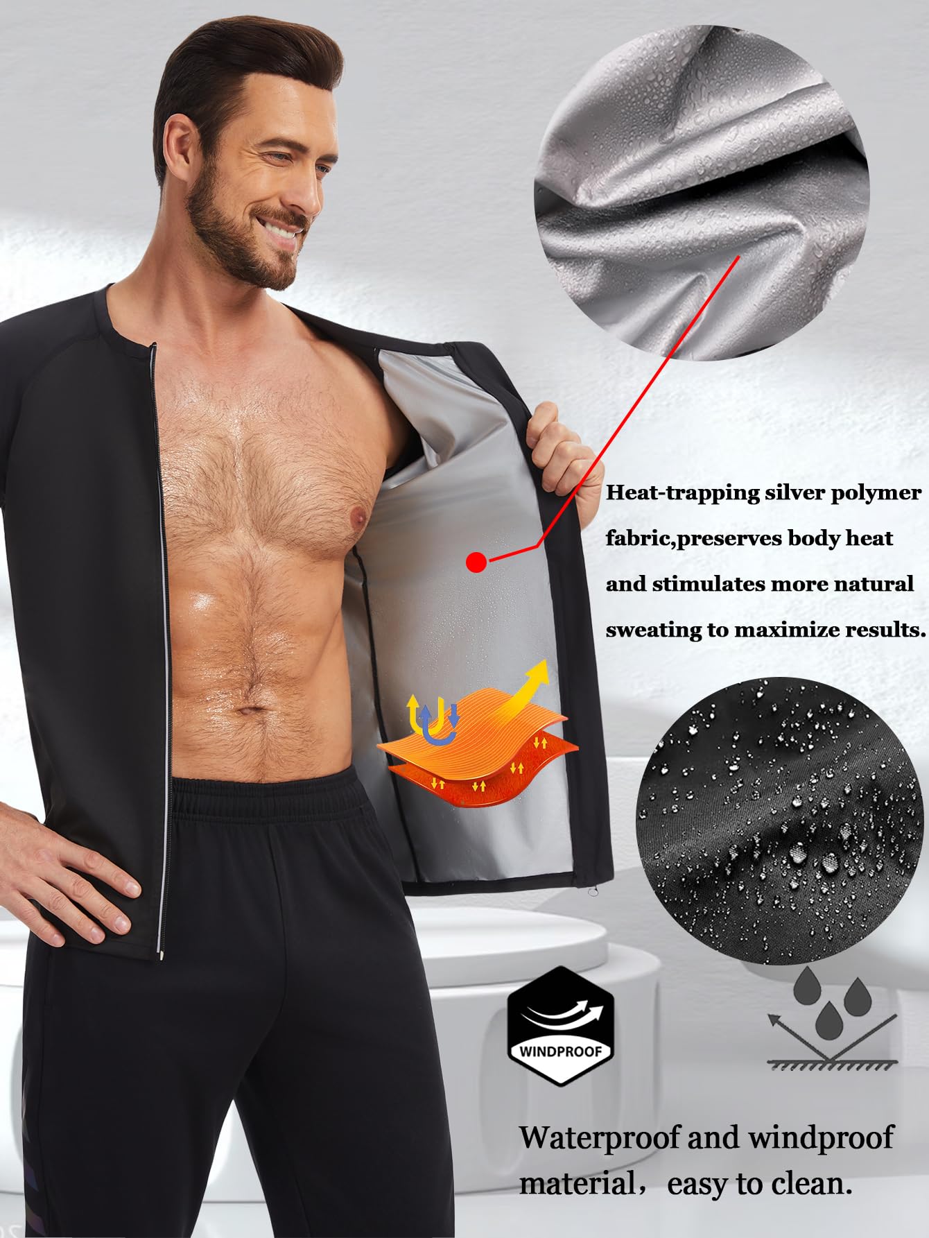 Sauna Shirt for Men Sauna Suit Short Sleeve Sweat Shirt Zipper T-Shirt