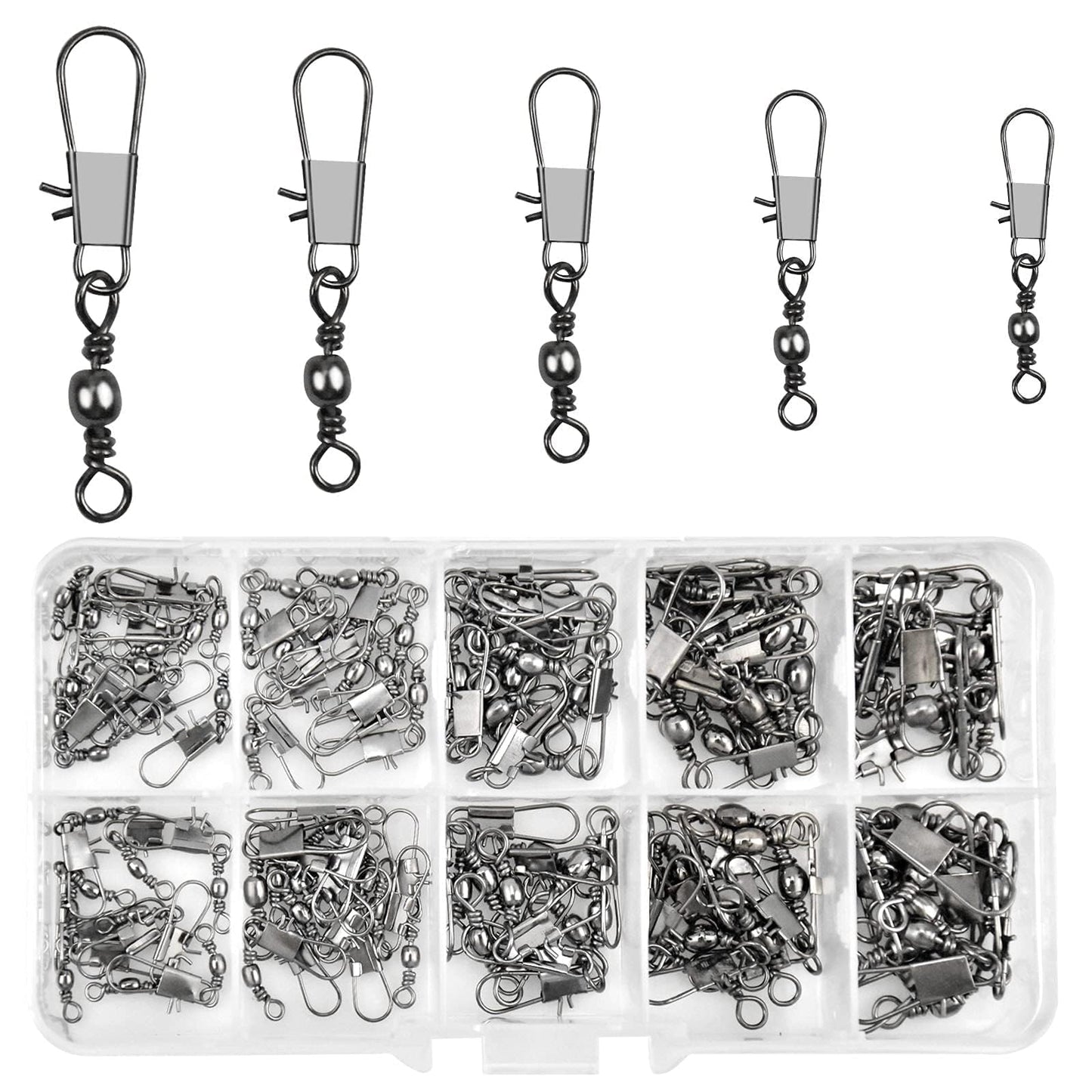 Realure 125 Pcs Barrel Snap Swivel Fishing Rolling Ball Bearing Swivels with Safety Snap 7# 8# 10# 12# 14# Quick Change Fishing Connector with Ball Bearing Swivels Snaps for Connecting Hooks & Lures