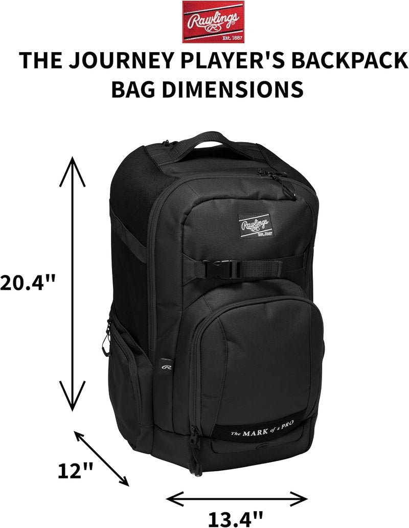 Rawlings Journey Player's Baseball & Softball Backpack - Durable Equipment Bag | Multiple Colors