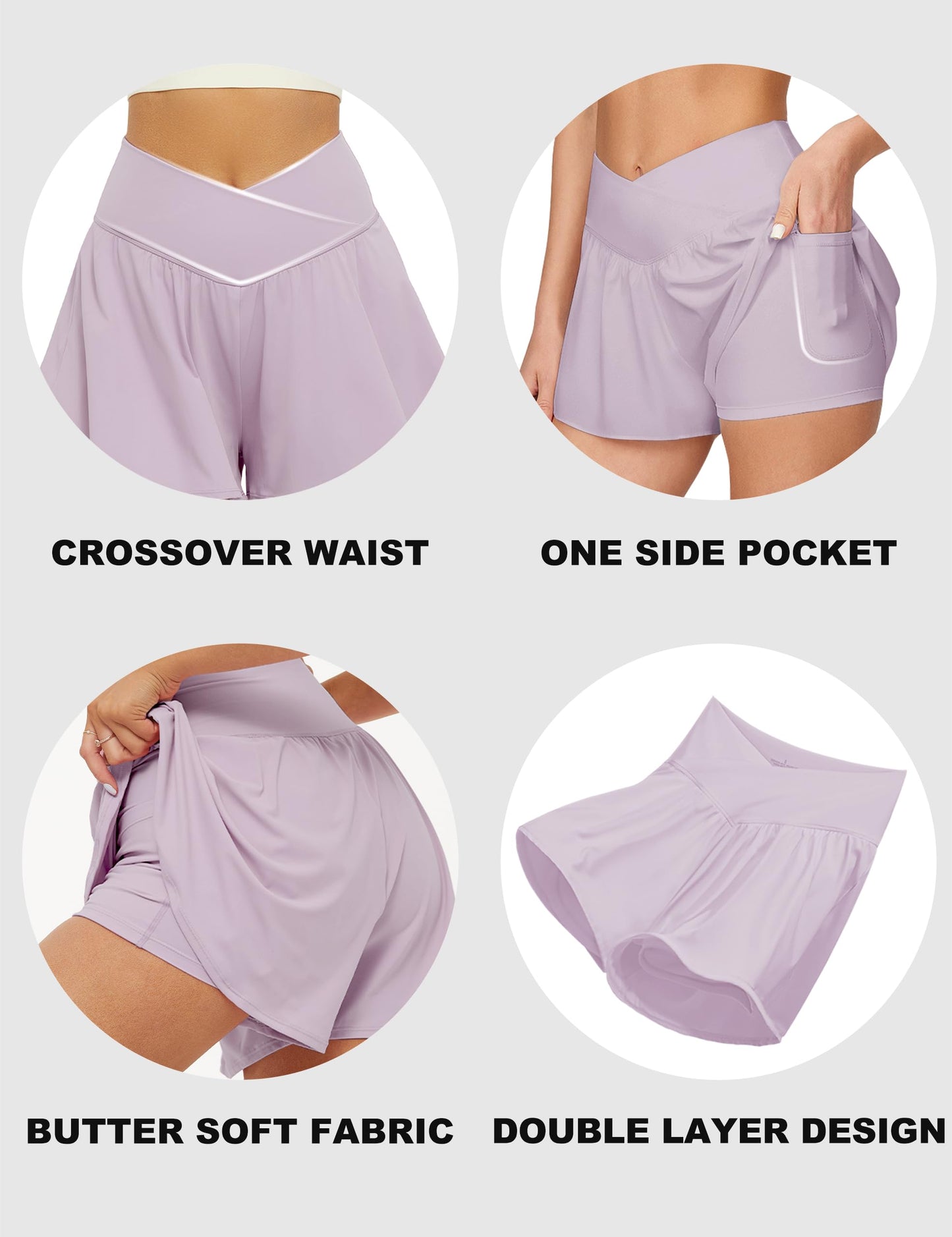 FireSwan Crossover Athletic Shorts for Women 2 in 1 Flowy Running Shorts with Pockets Spandex Butterfly Workout Tennis Skorts Purple