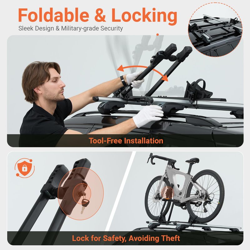 Rider Pro Roof Bike Rack, Foldable Aluminum Upright Bicycle Rack with Anti-Theft Lock for Cars SUVs, Adjustable Roof Mount Bike Carrier 32 lbs Capacity Fits 20''-27'' Bikes Max Tire Width 2.3"