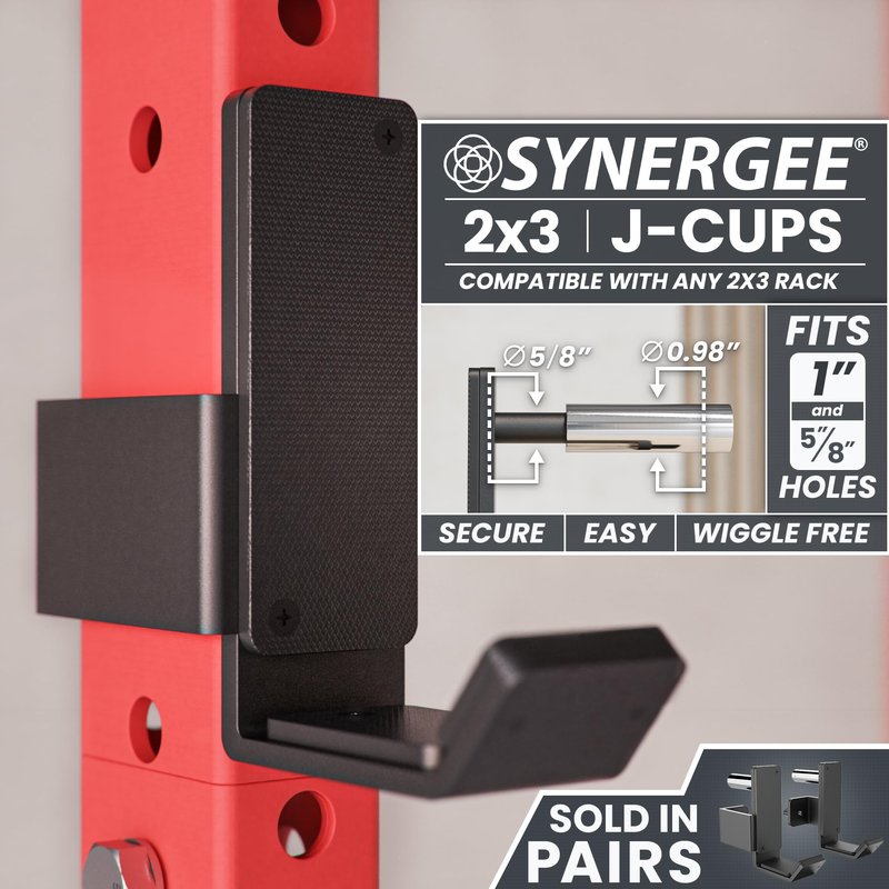 Synergee Power and Squat Rack Attachment 2x3 J-Cups Designed for 5/8” Hole. J-Hook for Power Lifting, Squats and Presses. Sold in Pairs.