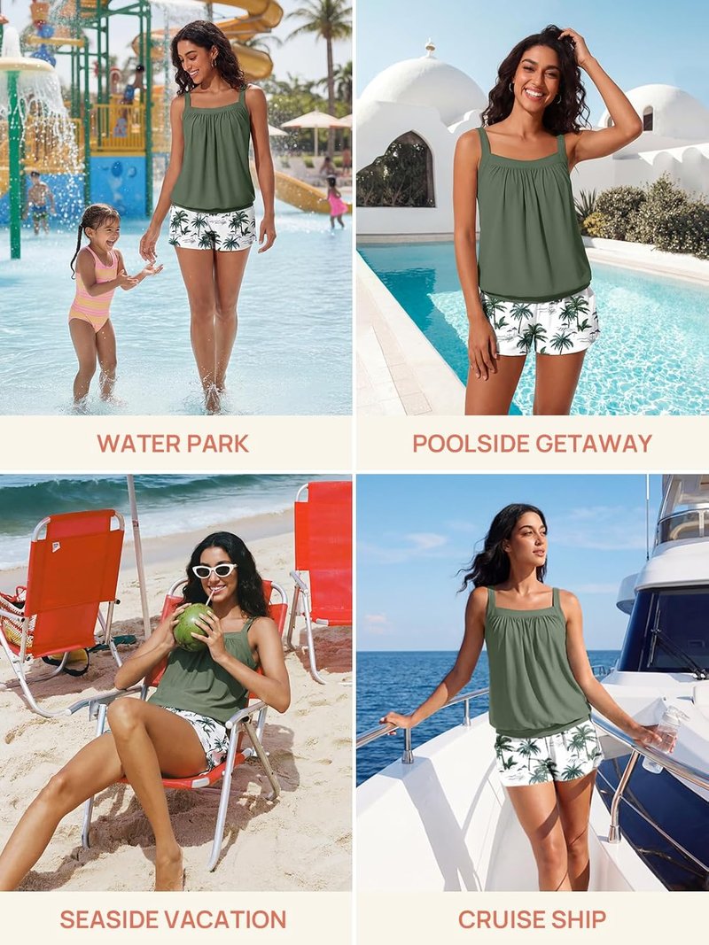 Modest Tummy Control Tankini Swimsuit for Women - Summer Mae Blouson Swim Shorts with Pockets | Perfect for Beach Days