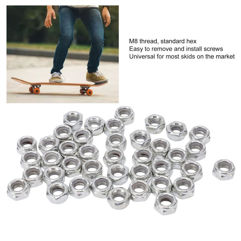 Astibym Axle Nuts for Skateboard, 40pcs Skateboard Trucks Axes Nuts Carbon Steel Skateboard Truck Hardware Kit for Skateboard(Silver), Outdoor Scooter,Outdoor Scooter