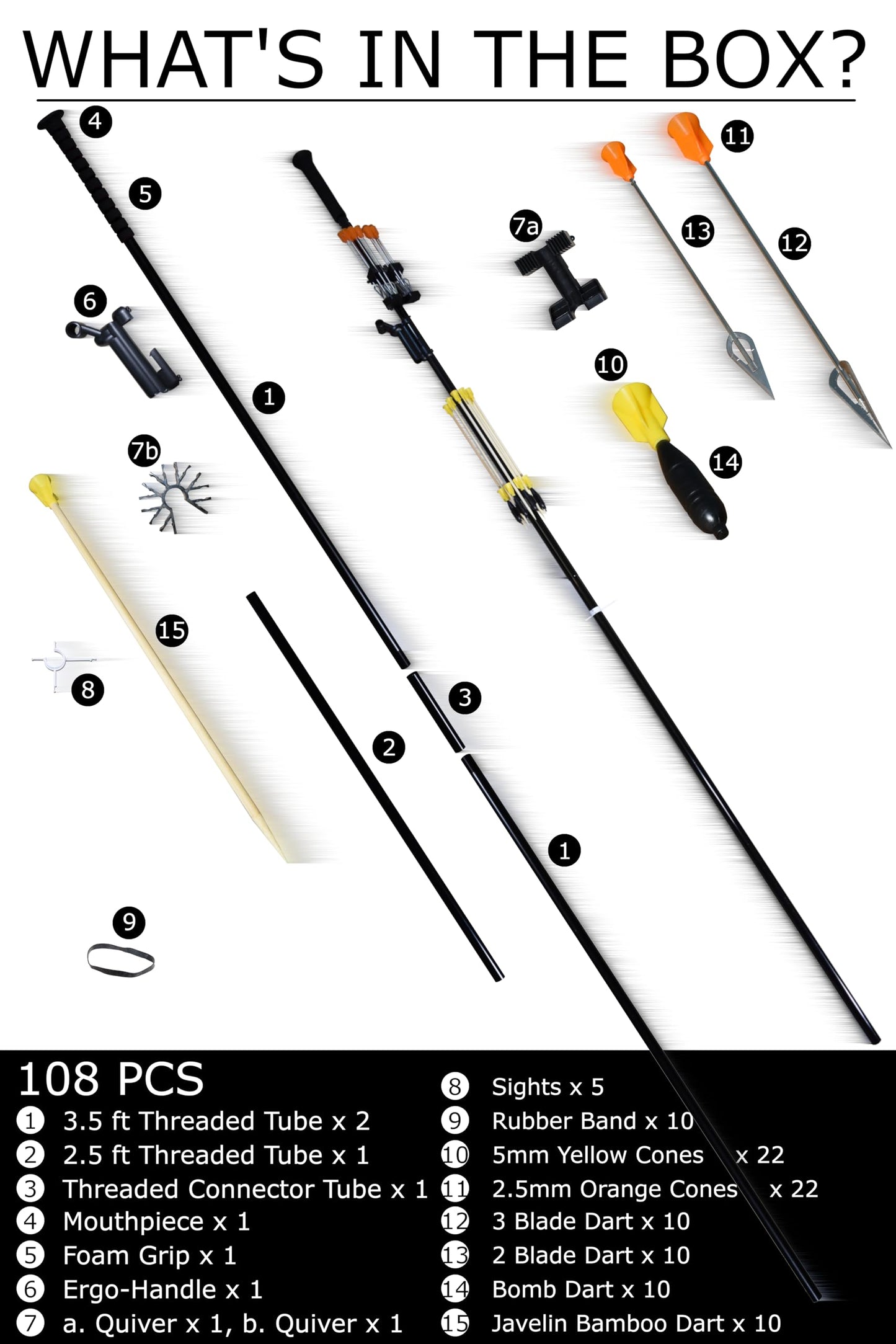 FSFF 625 Blowgun 7 ft. Moab, Mother of All Blowguns, Complete Shooting System, All You Need, Modular 7/6/3.5ft Blow Pipe 40 darts-10x 3-Blade, 2-Blade, Bamboo & Stun 625 Cal Tube Moab Complete kit
