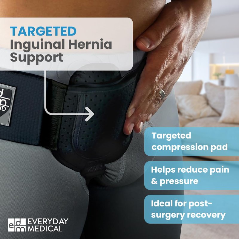 Everyday Medical Inguinal Hernia Belt for Men & Women - Post Surgery Groin Hernia Truss for Left/Right Side, Adjustable Inguinal Hernia Support Belt w/Compression Pad - Black, S/M